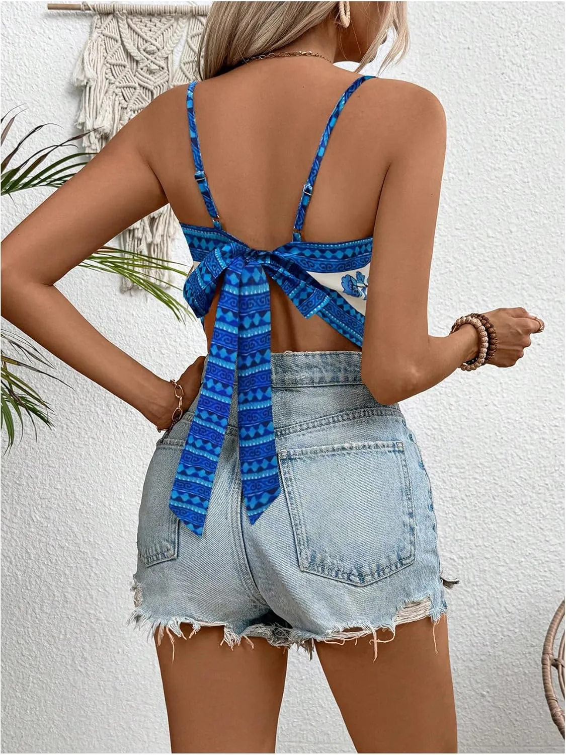 SweatyRocks Women's Tribal Floral Print Backless Camisole Tie Knot Sleeveless Vacation Boho Tops