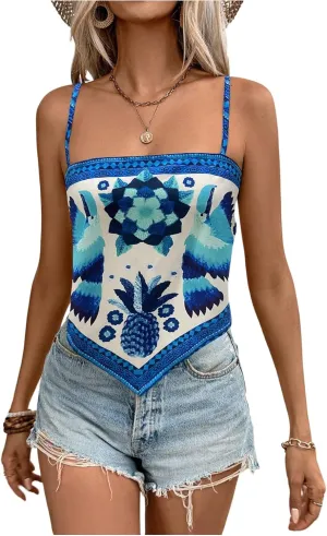 SweatyRocks Women's Tribal Floral Print Backless Camisole Tie Knot Sleeveless Vacation Boho Tops