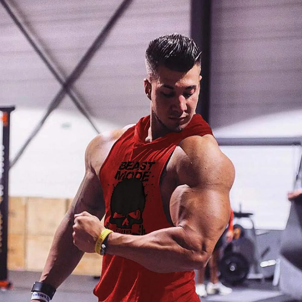SZKANI Mens Skull Print Sleeveless Fitness Vest Bodybuilding Stringers Workout Tank Tops