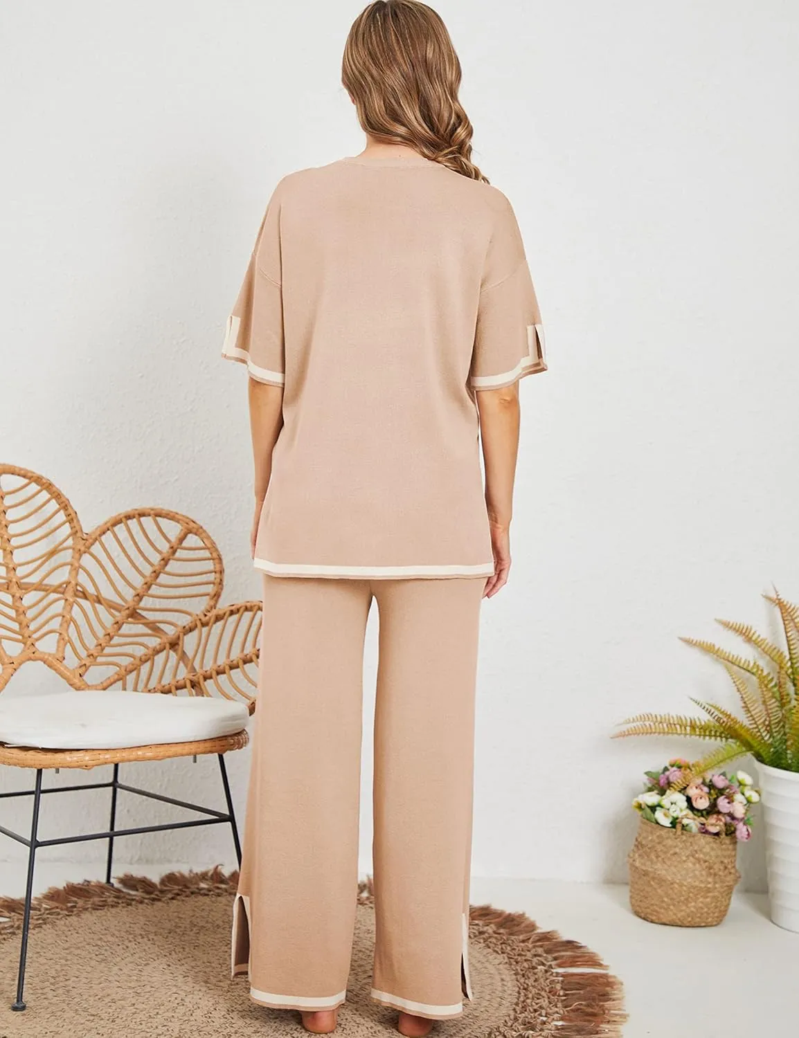 Tanming Sweater Sets Women 2 Piece Lounge Sets Short Sleeve Knit Pullover Tops Wide Leg Pants