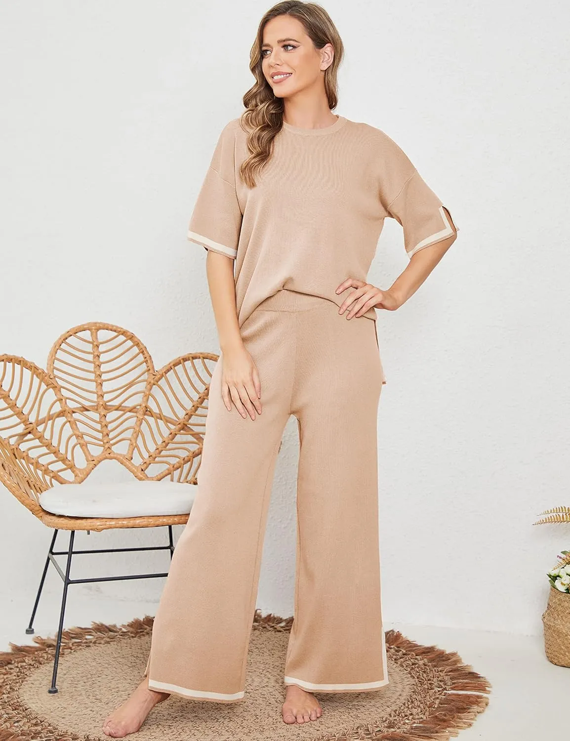 Tanming Sweater Sets Women 2 Piece Lounge Sets Short Sleeve Knit Pullover Tops Wide Leg Pants
