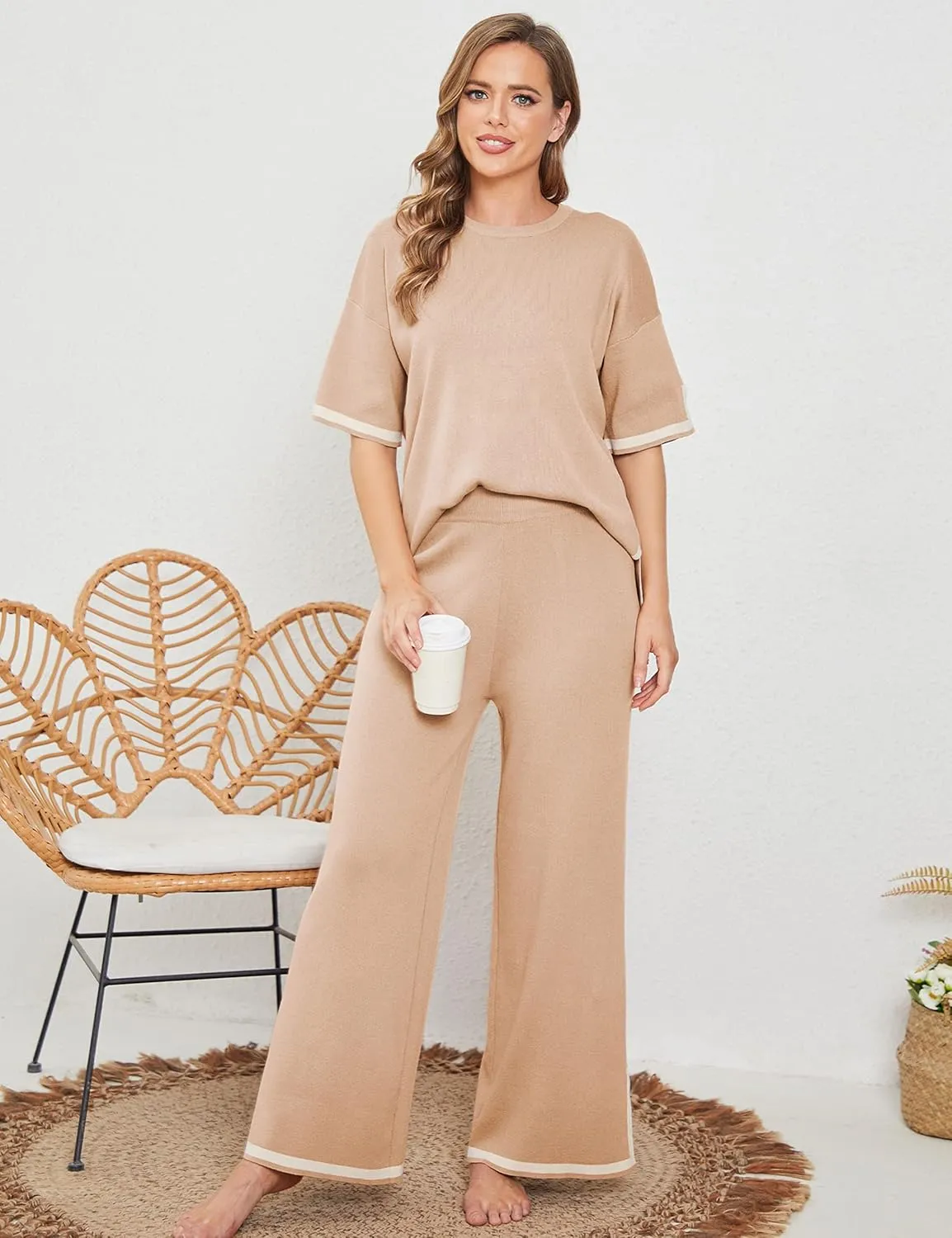 Tanming Sweater Sets Women 2 Piece Lounge Sets Short Sleeve Knit Pullover Tops Wide Leg Pants