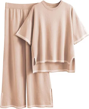 Tanming Sweater Sets Women 2 Piece Lounge Sets Short Sleeve Knit Pullover Tops Wide Leg Pants