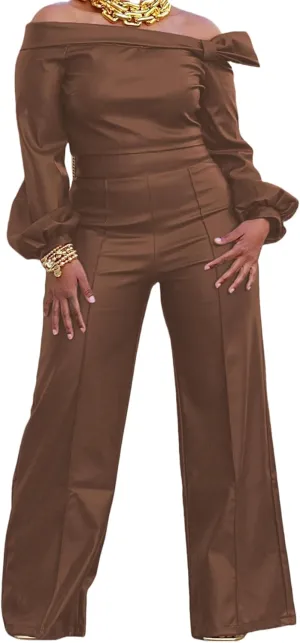 Tcremisa Women's Faux Leather 2 Piece Outfits Sexy Long Sleeve Off Shoulder Crop Tops and Pu Wide Leg Pants Set