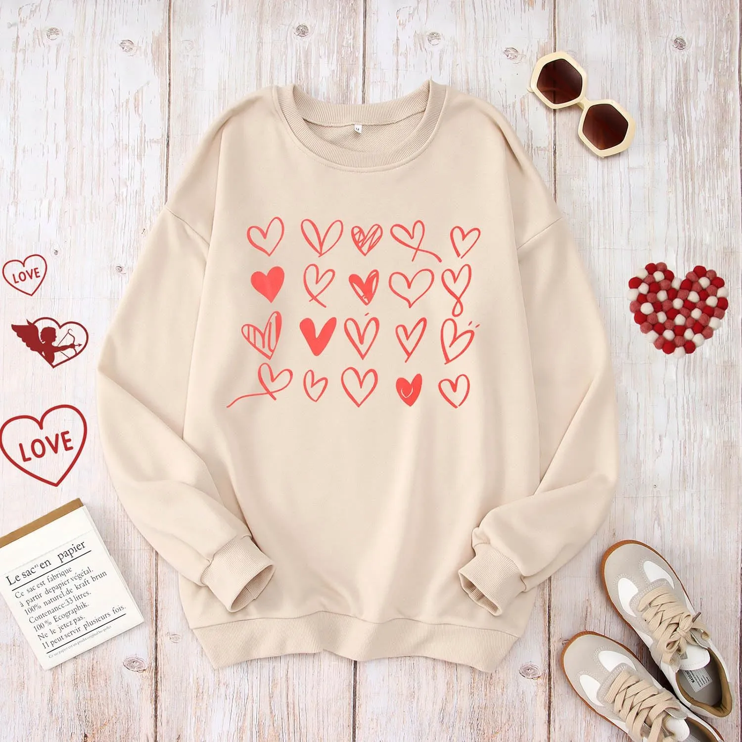 Valentines Sweatshirt Women Cute Love Heart Graphic Long Sleeve Shirts Casual Crewneck Pullover Tops