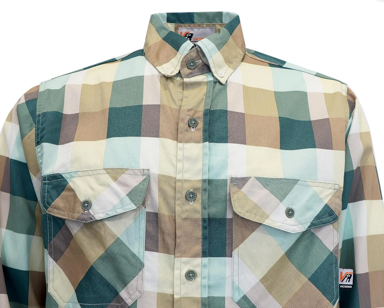 VATRENUS FR Shirts for Men Print Plaid 6.5oz Flame Resistant 100% Cotton Men's Pre-Washed Fire Retardant Work Shirt