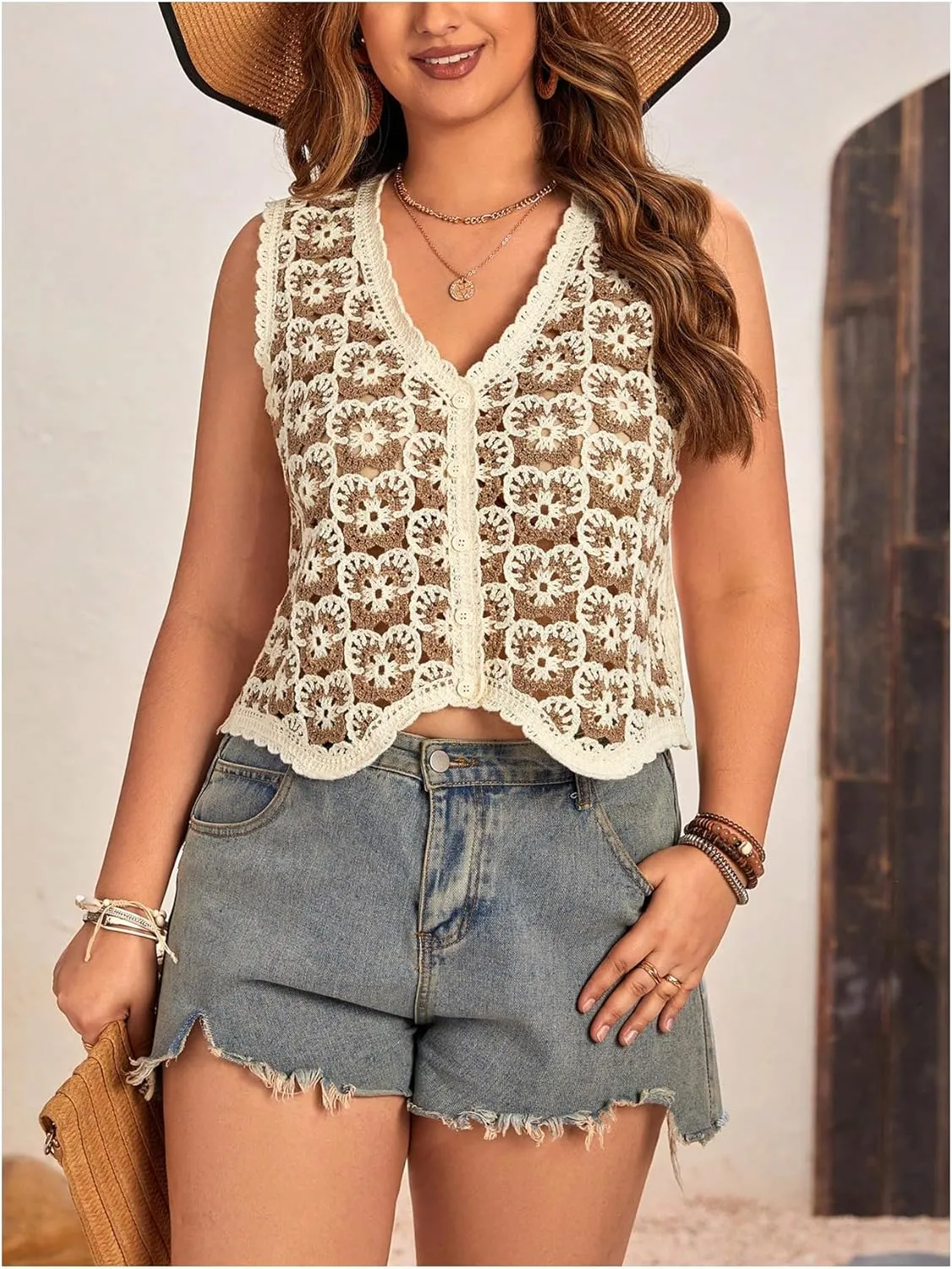 Verdusa Women's Plus Size Button Front V Neck Crochet Sweater Vest Sleeveless Knit Tops