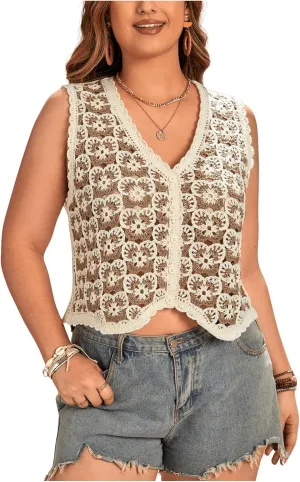 Verdusa Women's Plus Size Button Front V Neck Crochet Sweater Vest Sleeveless Knit Tops