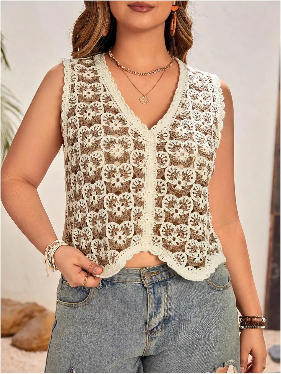 Verdusa Women's Plus Size Button Front V Neck Crochet Sweater Vest Sleeveless Knit Tops
