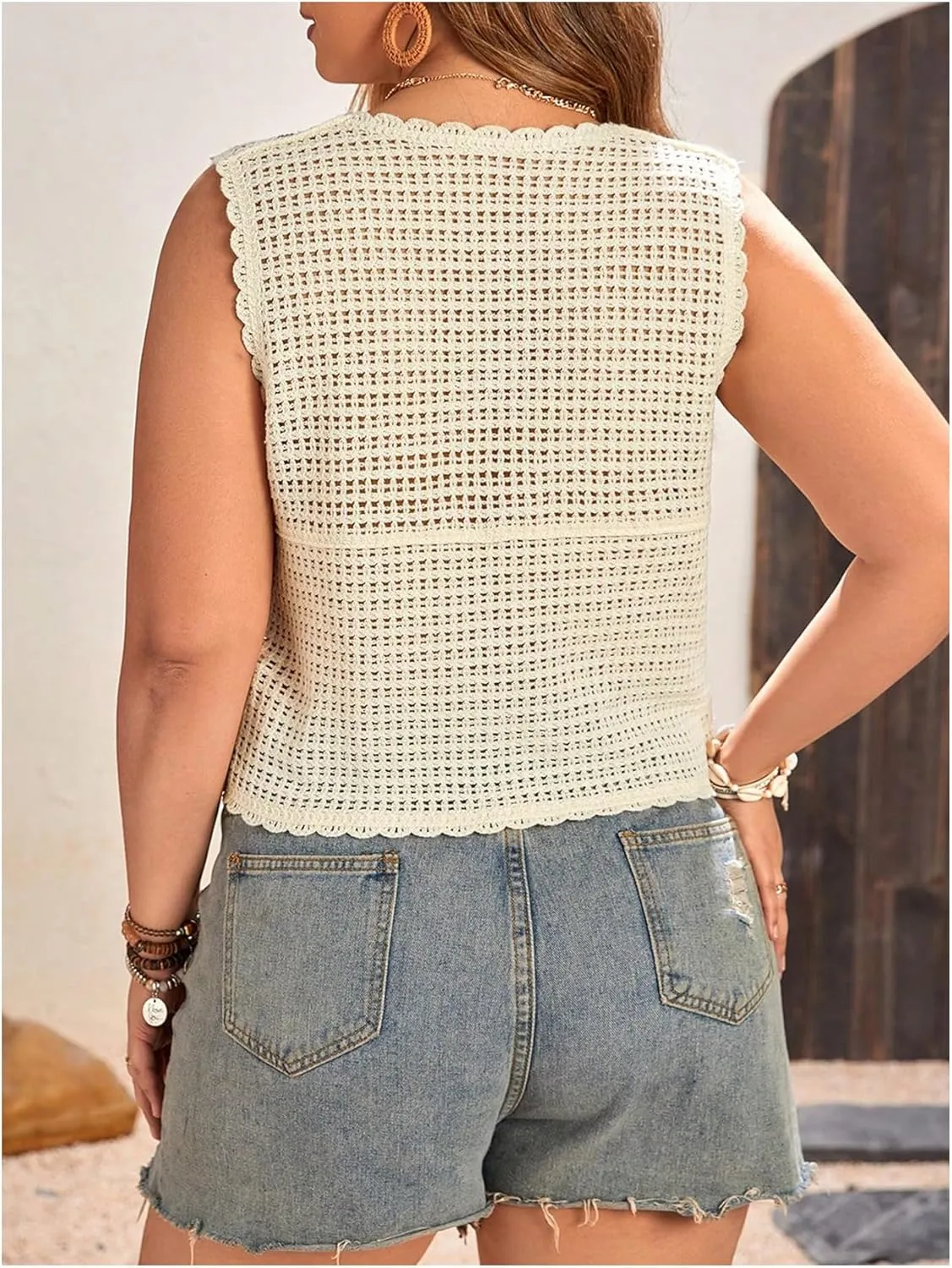 Verdusa Women's Plus Size Button Front V Neck Crochet Sweater Vest Sleeveless Knit Tops
