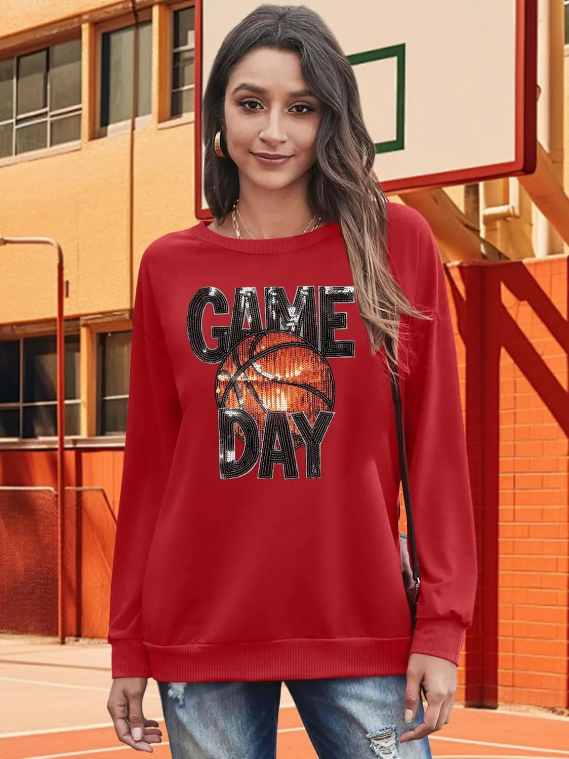 VVNTY Basketball Game Day Sweatshirts for Women: Sequin Game Day Letter Shirts Basketball Mama Pullover Tops