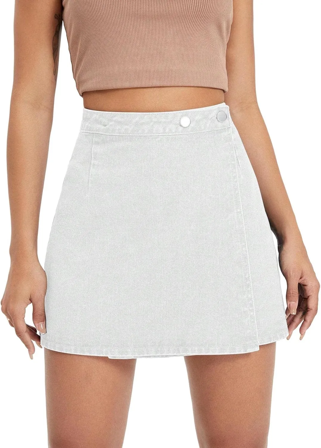 WDIRARA Women's High Waisted A-Line Button Wrap Denim Jean Skirt Mini Skirt