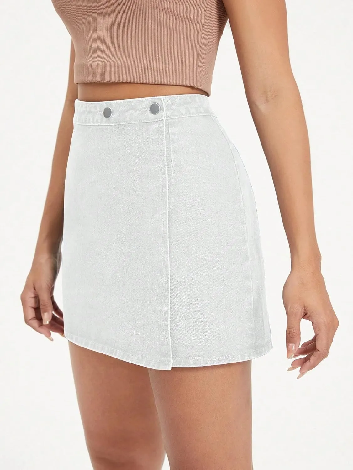 WDIRARA Women's High Waisted A-Line Button Wrap Denim Jean Skirt Mini Skirt