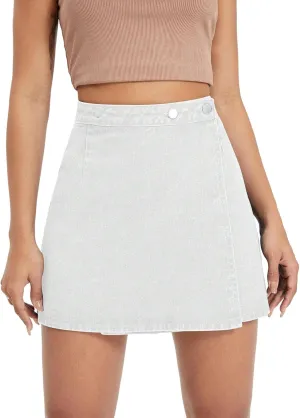 WDIRARA Women's High Waisted A-Line Button Wrap Denim Jean Skirt Mini Skirt