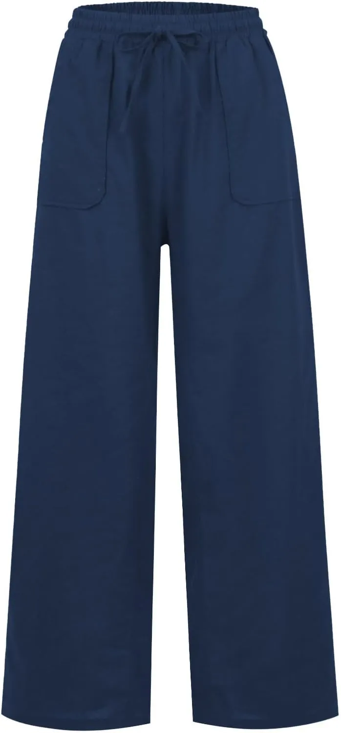 Wide Leg Linen Pants for Women Summer Casual Straight Leg Baggy Pants Lightweight High Waisted Trousers with Pockets