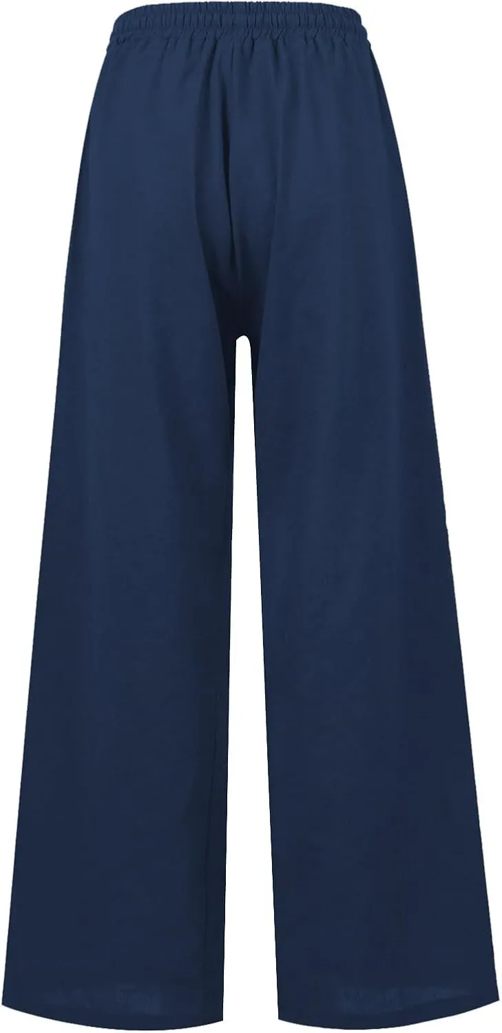 Wide Leg Linen Pants for Women Summer Casual Straight Leg Baggy Pants Lightweight High Waisted Trousers with Pockets
