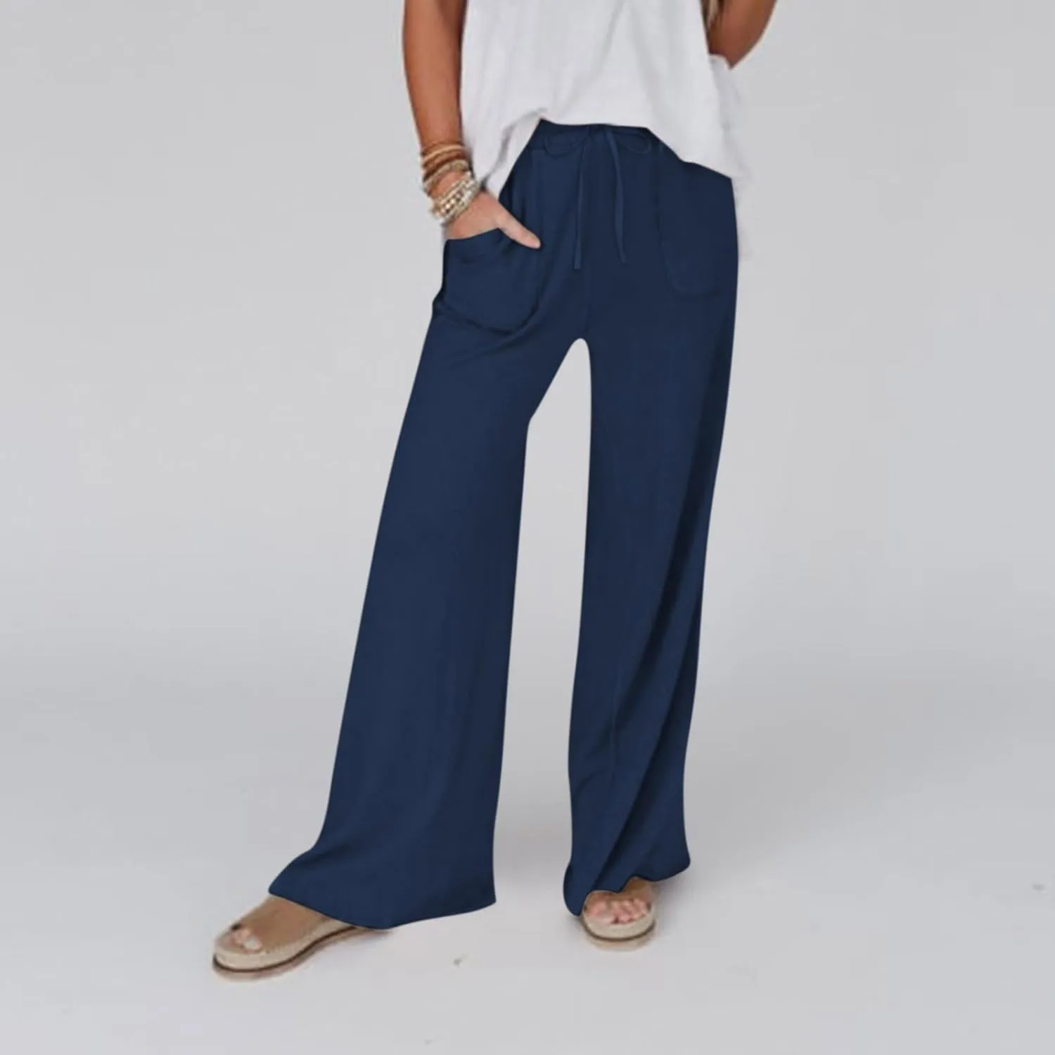 Wide Leg Linen Pants for Women Summer Casual Straight Leg Baggy Pants Lightweight High Waisted Trousers with Pockets
