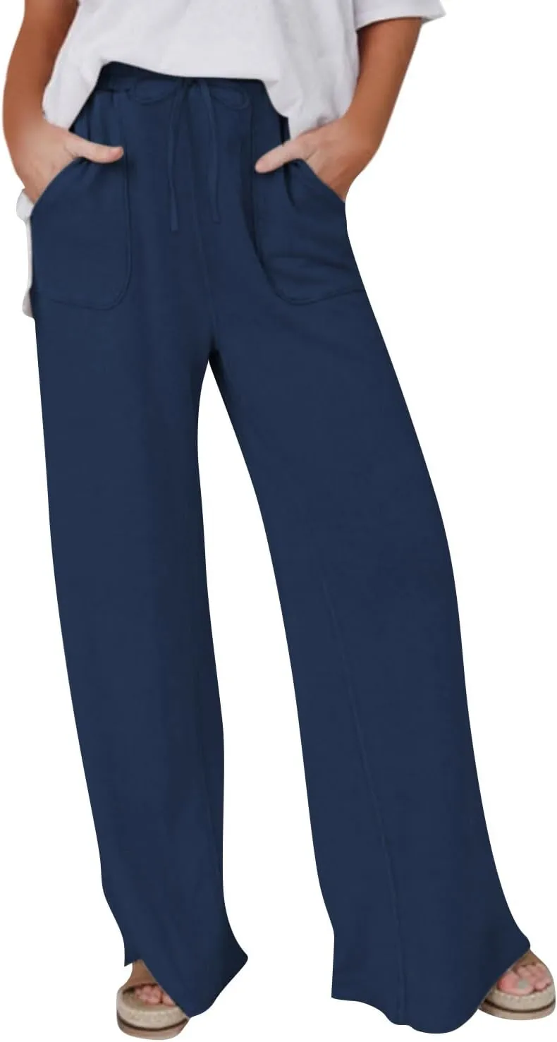 Wide Leg Linen Pants for Women Summer Casual Straight Leg Baggy Pants Lightweight High Waisted Trousers with Pockets