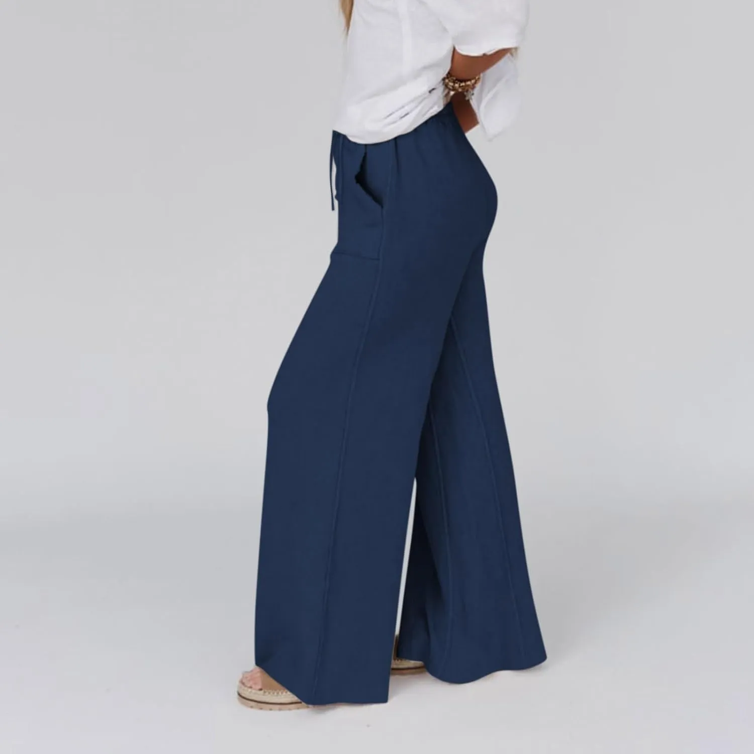 Wide Leg Linen Pants for Women Summer Casual Straight Leg Baggy Pants Lightweight High Waisted Trousers with Pockets