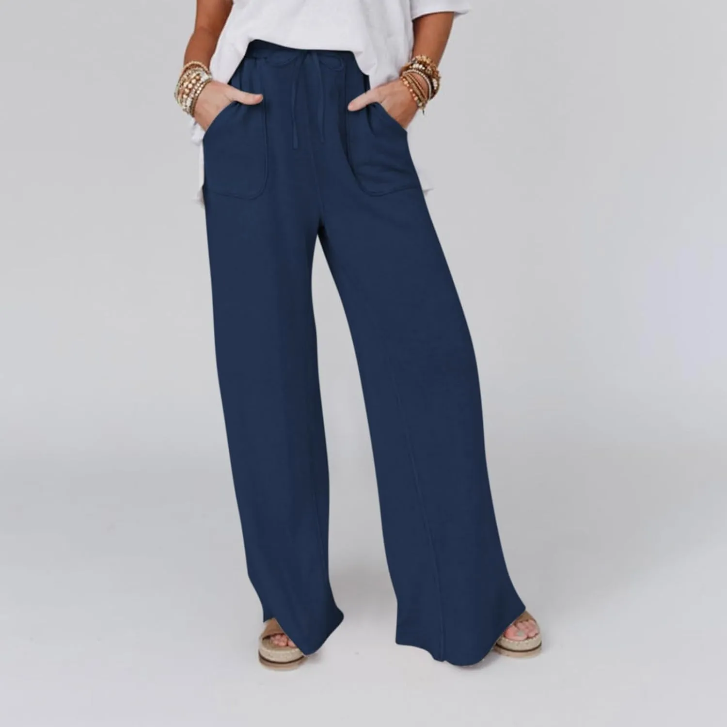 Wide Leg Linen Pants for Women Summer Casual Straight Leg Baggy Pants Lightweight High Waisted Trousers with Pockets