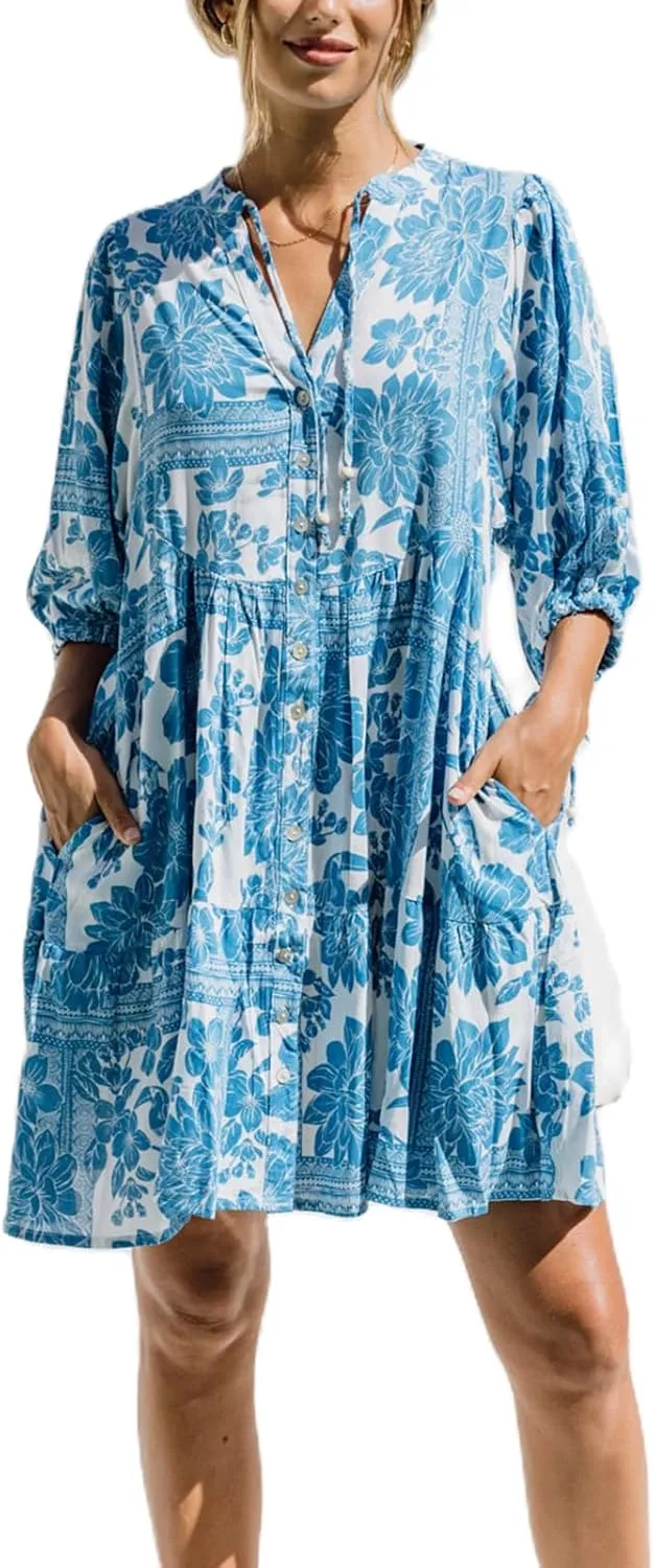 Women Boho Button Down Mini Dress Puff Sleeve Floral Print Shirt Dress Summer Loose Swing Flowy Short Sundress
