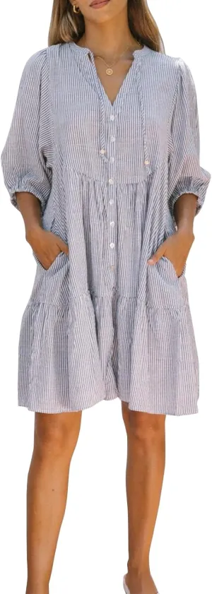 Women Boho Button Down Mini Dress Puff Sleeve Floral Print Shirt Dress Summer Loose Swing Flowy Short Sundress
