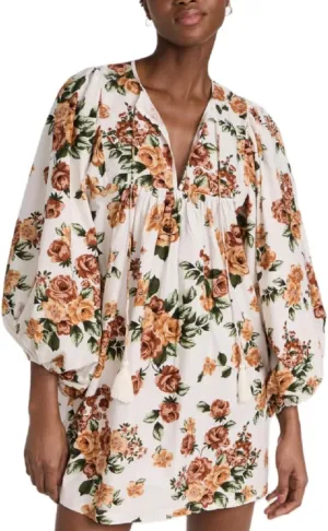 Women Boho Button Down Mini Dress Puff Sleeve Floral Print Shirt Dress Summer Loose Swing Flowy Short Sundress