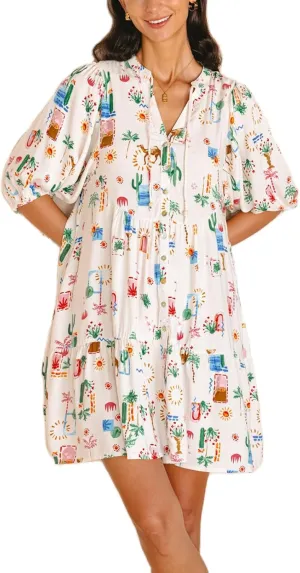 Women Boho Button Down Mini Dress Puff Sleeve Floral Print Shirt Dress Summer Loose Swing Flowy Short Sundress