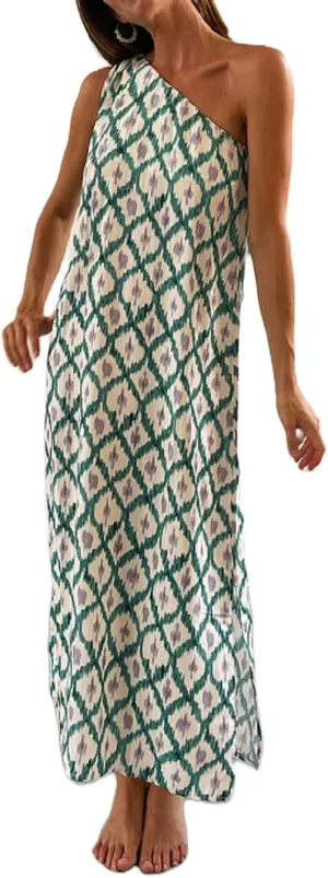 Women Boho Floral Midi Dress Summer Tie One Shoulder Casual Sundress Loose Fit Flowy Beach Vocation Long Dress