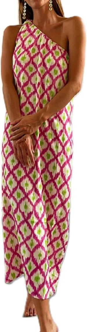 Women Boho Floral Midi Dress Summer Tie One Shoulder Casual Sundress Loose Fit Flowy Beach Vocation Long Dress