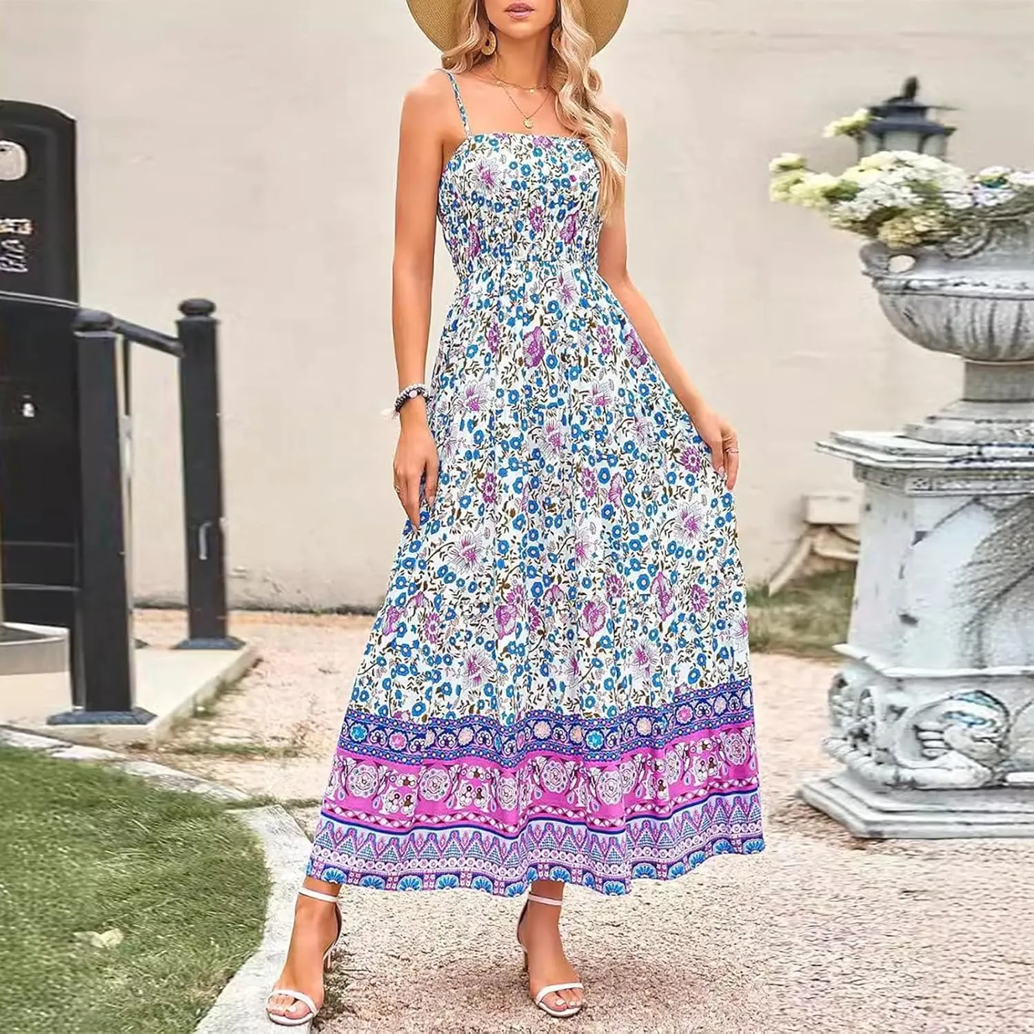 Women Boho Graffiti Long Dress Graphic Spaghetti Strap Flowy Dress Square Neck Colorful A Line Sundress 2024 Trendy