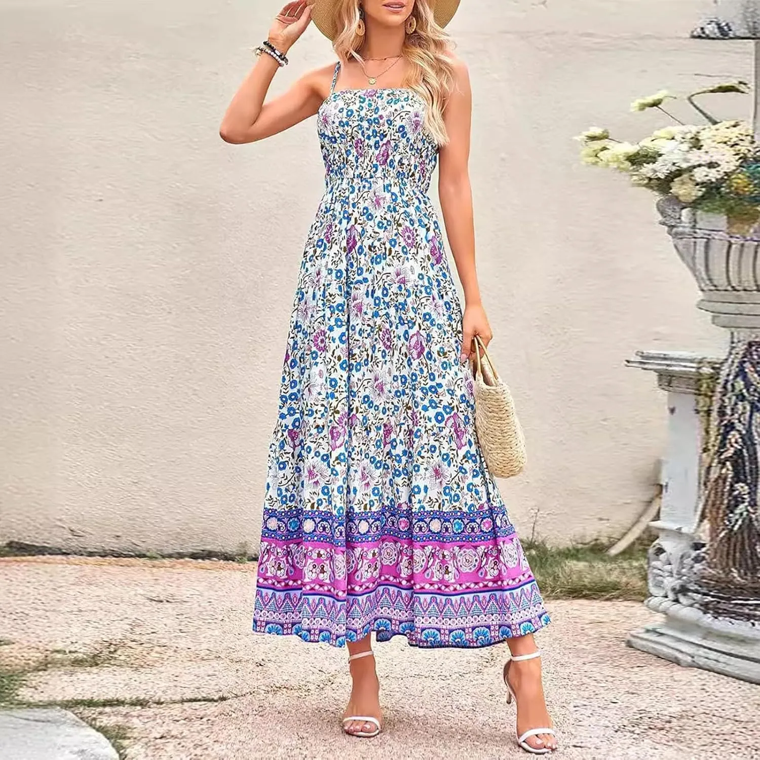Women Boho Graffiti Long Dress Graphic Spaghetti Strap Flowy Dress Square Neck Colorful A Line Sundress 2024 Trendy