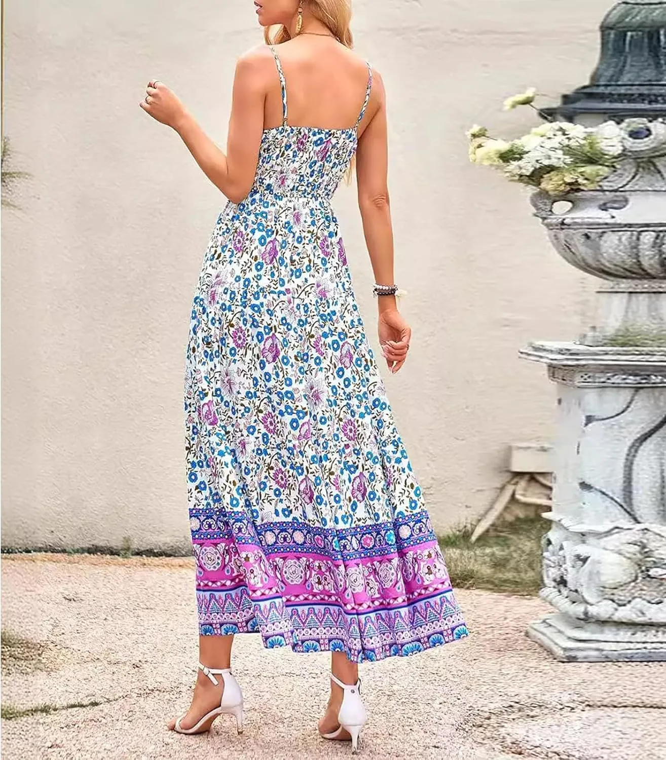 Women Boho Graffiti Long Dress Graphic Spaghetti Strap Flowy Dress Square Neck Colorful A Line Sundress 2024 Trendy