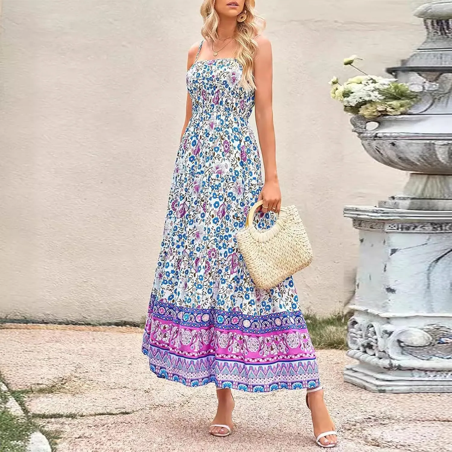 Women Boho Graffiti Long Dress Graphic Spaghetti Strap Flowy Dress Square Neck Colorful A Line Sundress 2024 Trendy