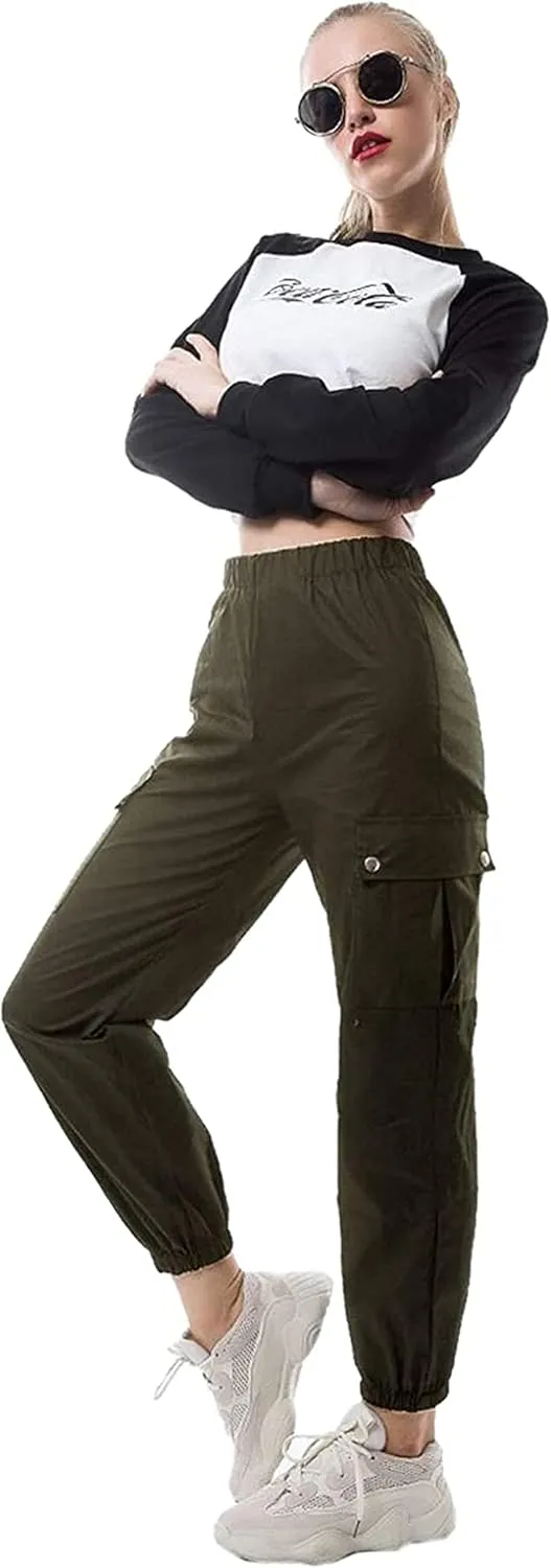 Women Casual Cargo Jogger Pants,Loose High Waisted Harem Cargo Pants,Solid Elastic Jogger Pants Teen Girls Junior