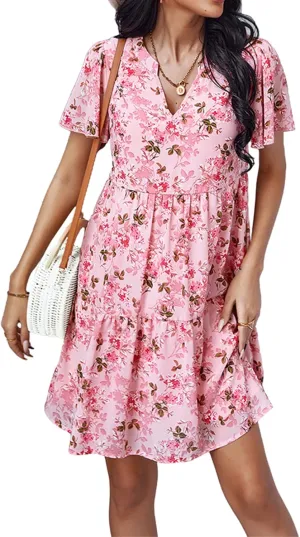 Women Chiffon Summer Dress V-Neck Short Sleeve Floral Dress Vintage Ruched Flowy A-Line Boho Casual Sundress