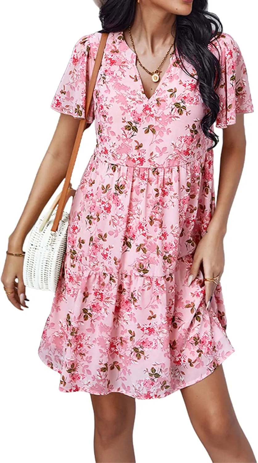 Women Chiffon Summer Dress V-Neck Short Sleeve Floral Dress Vintage Ruched Flowy A-Line Boho Casual Sundress
