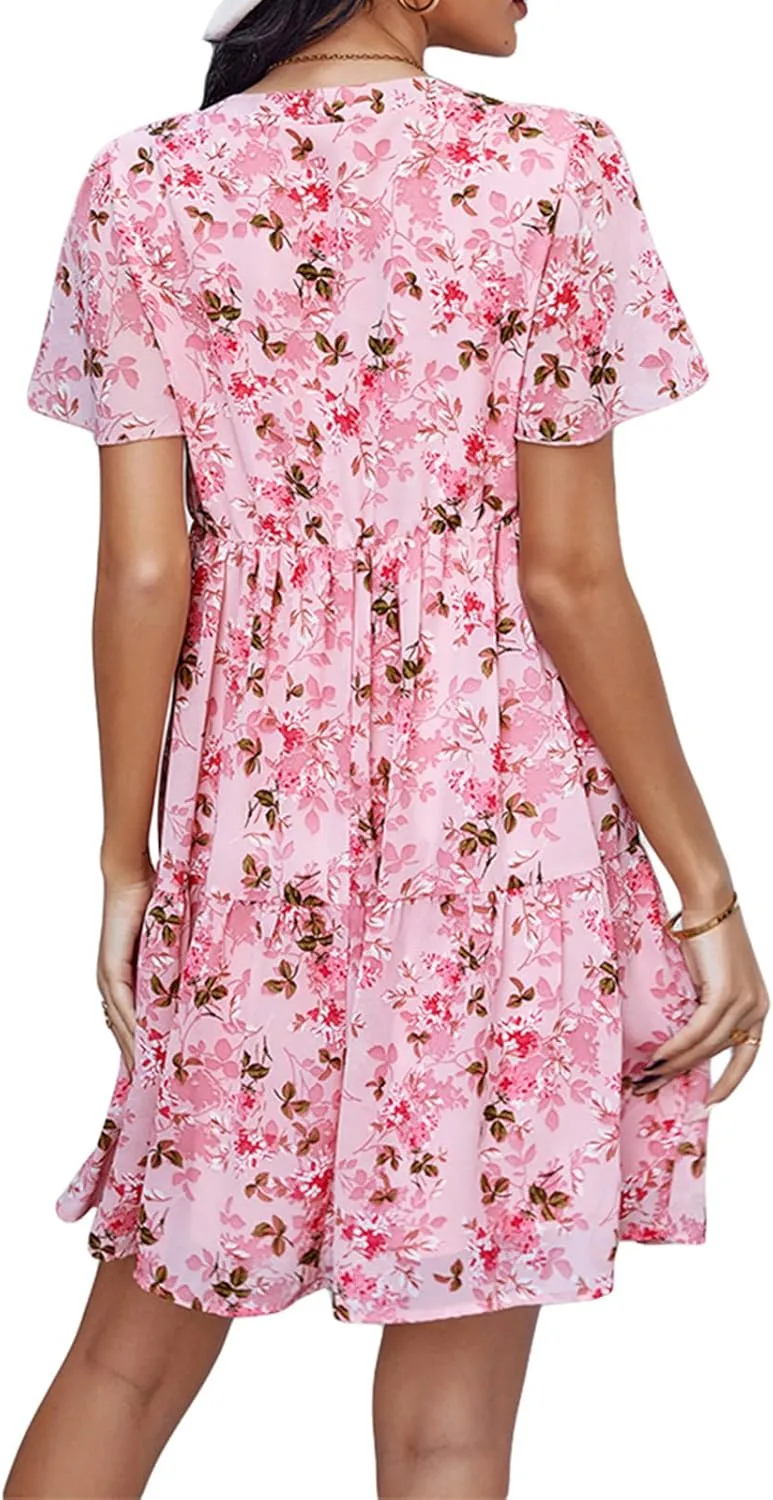 Women Chiffon Summer Dress V-Neck Short Sleeve Floral Dress Vintage Ruched Flowy A-Line Boho Casual Sundress