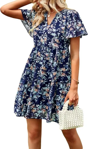 Women Chiffon Summer Dress V-Neck Short Sleeve Floral Dress Vintage Ruched Flowy A-Line Boho Casual Sundress