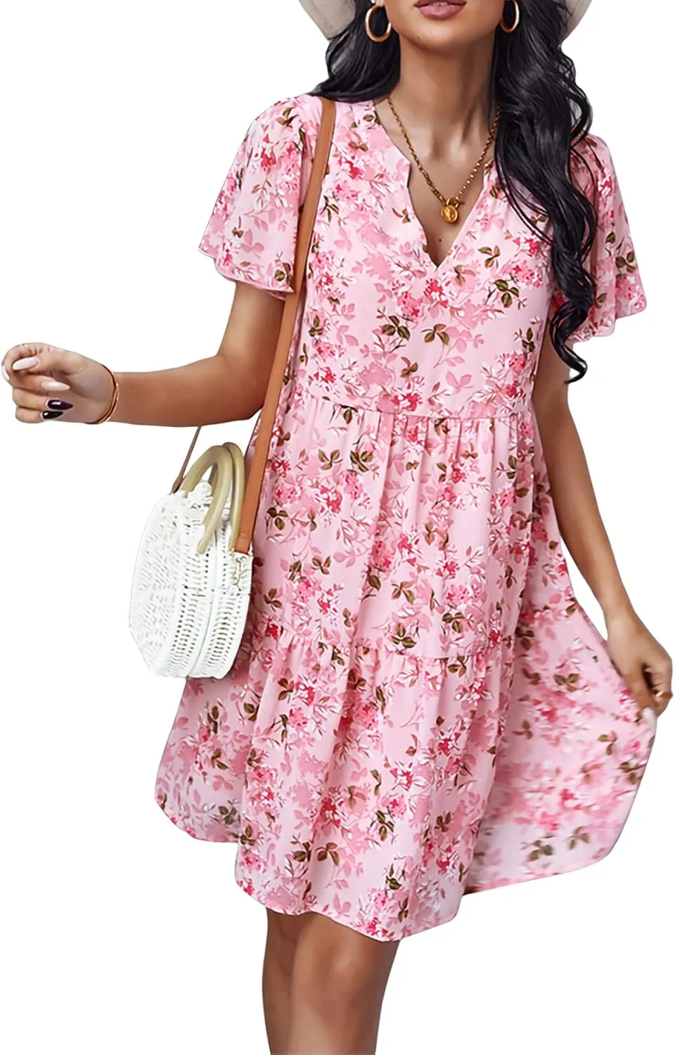 Women Chiffon Summer Dress V-Neck Short Sleeve Floral Dress Vintage Ruched Flowy A-Line Boho Casual Sundress