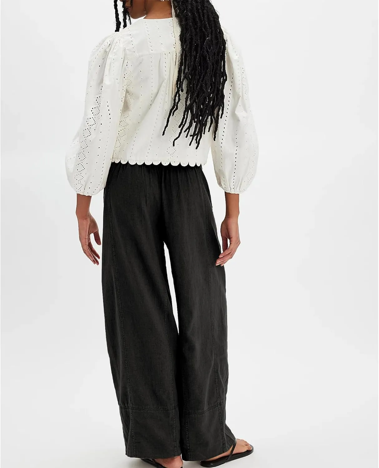 Women Cotton Linen Wide Leg Pants Elastic Waist Baggy Casual Flowy Trousers Vacation Outfits with Pockets