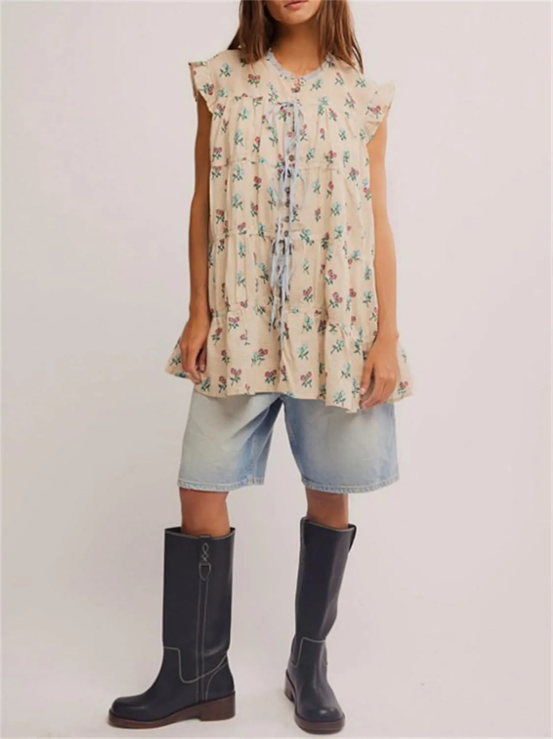 Women Cute Floral Babydoll Mini Dress Y2k Button Up Tie Front Ruffle Trim Flowy Tunic Short Dress Summer Beach Sundress