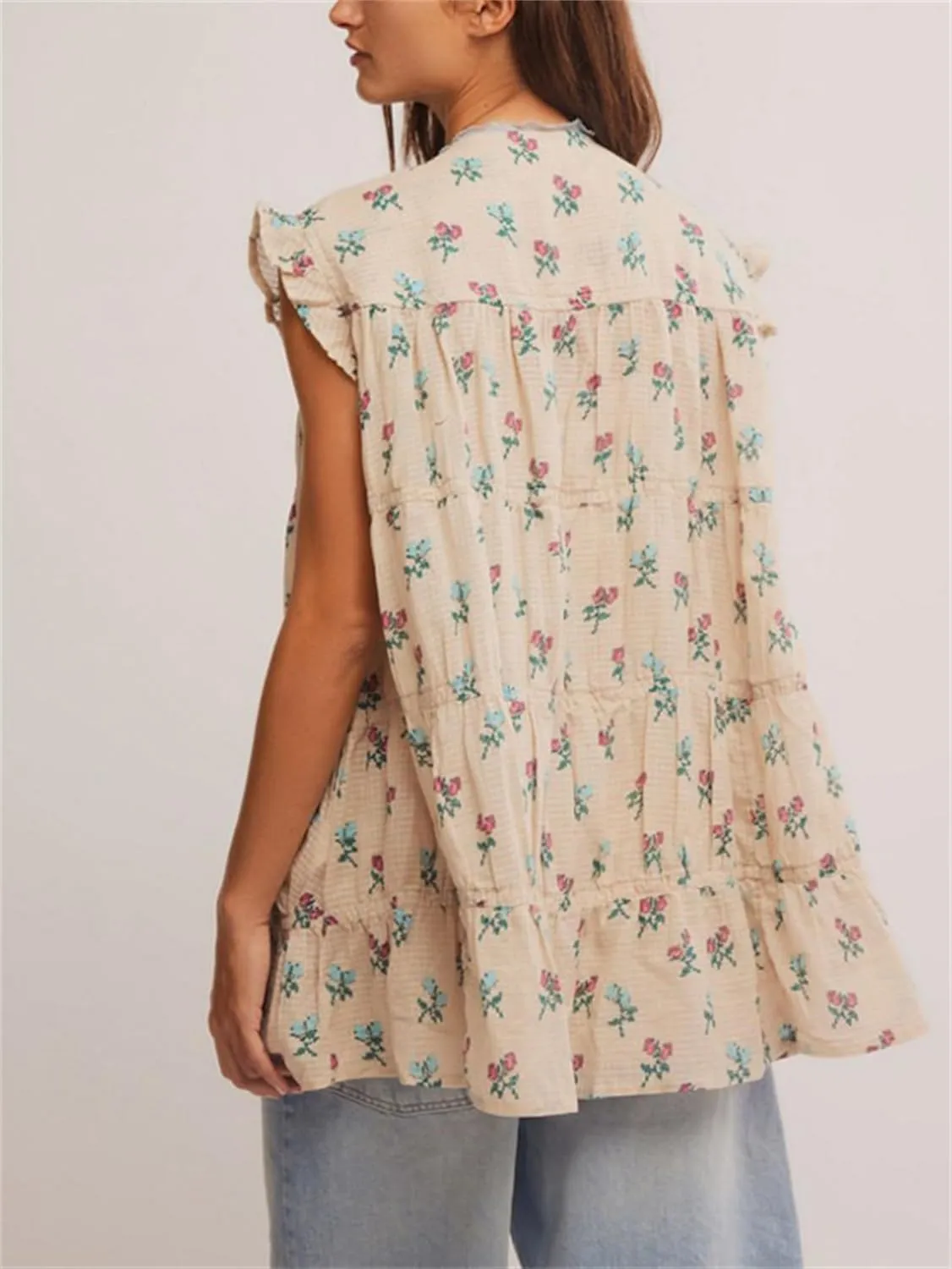Women Cute Floral Babydoll Mini Dress Y2k Button Up Tie Front Ruffle Trim Flowy Tunic Short Dress Summer Beach Sundress