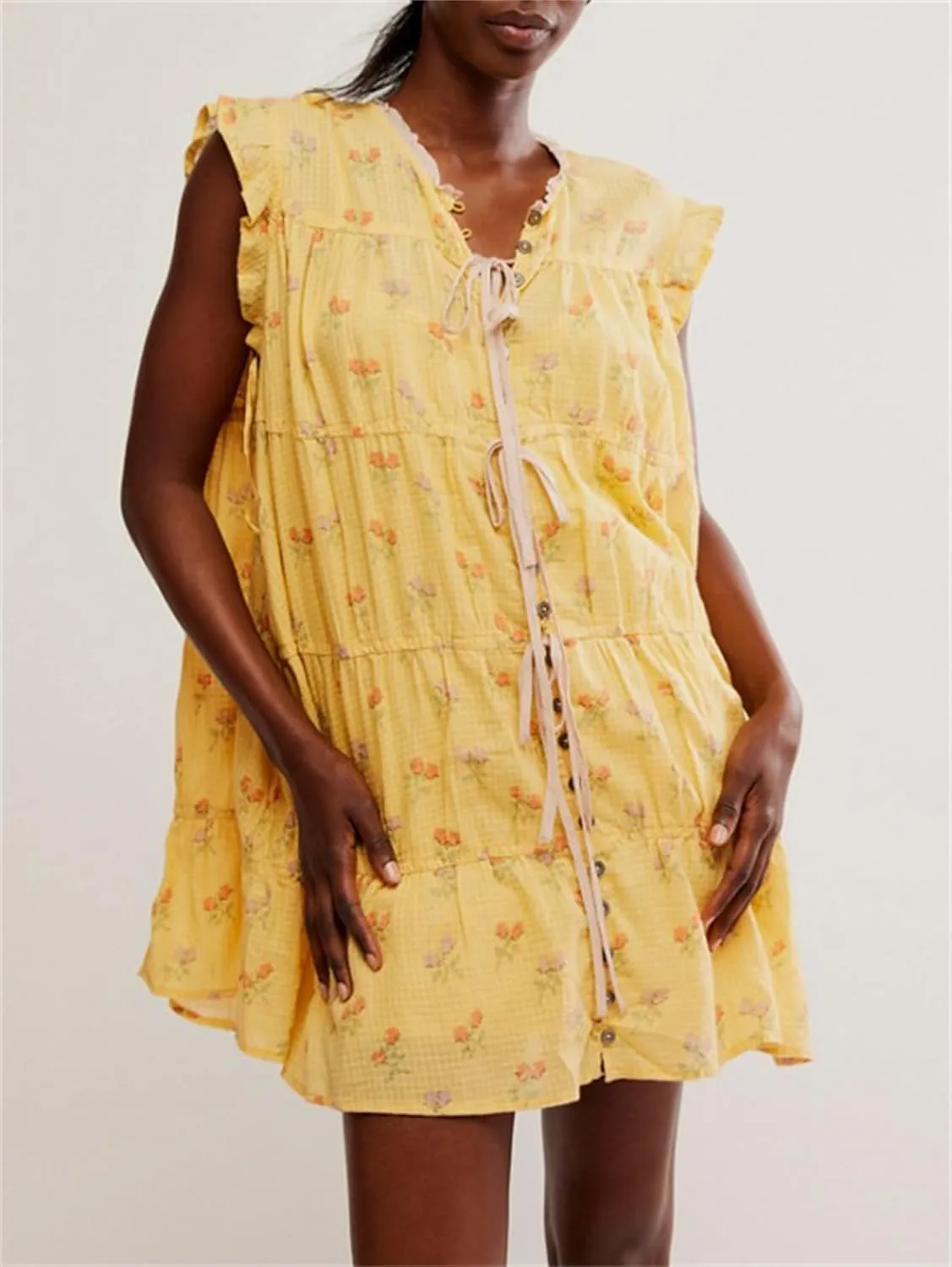 Women Cute Floral Babydoll Mini Dress Y2k Button Up Tie Front Ruffle Trim Flowy Tunic Short Dress Summer Beach Sundress