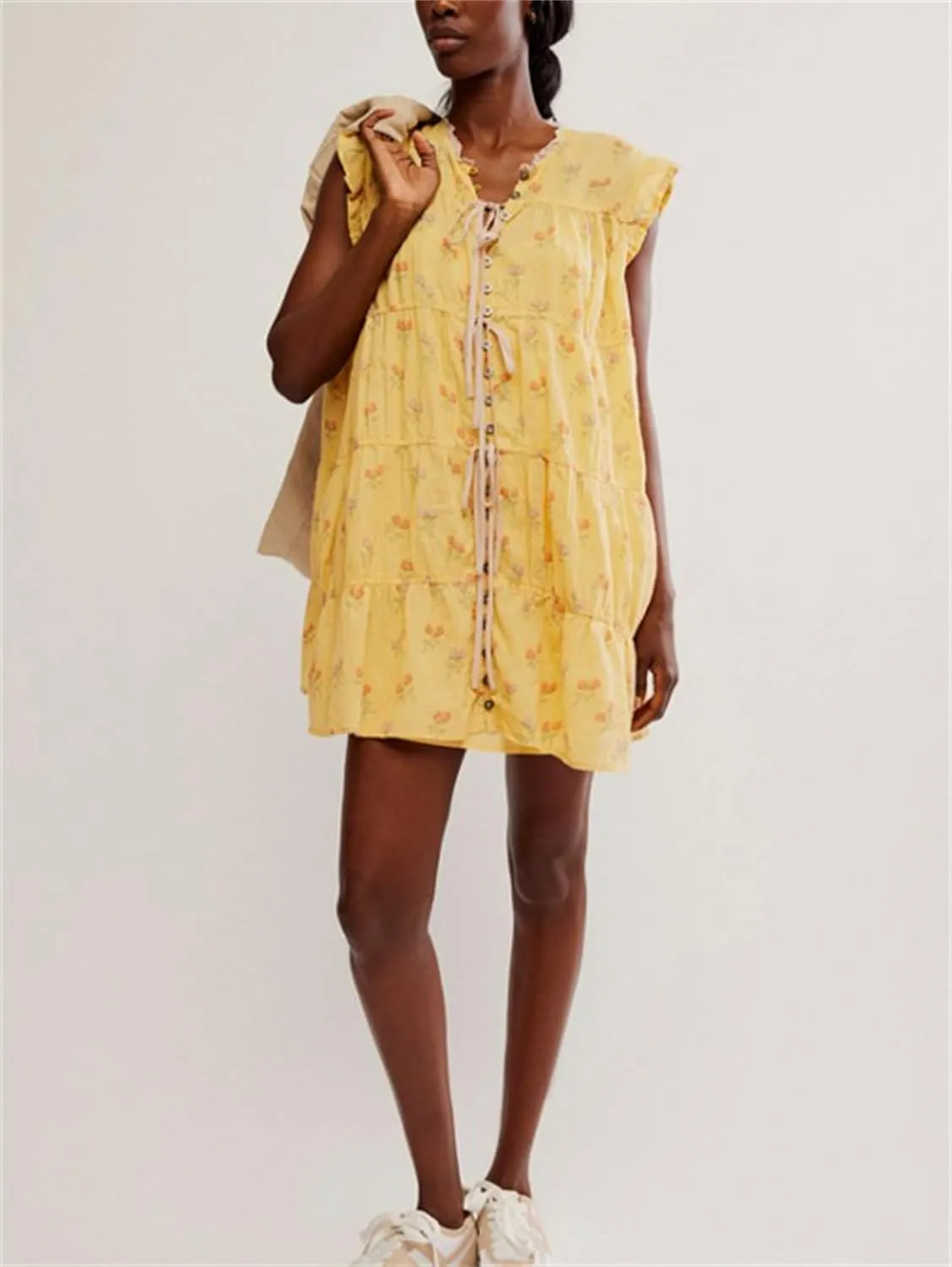 Women Cute Floral Babydoll Mini Dress Y2k Button Up Tie Front Ruffle Trim Flowy Tunic Short Dress Summer Beach Sundress