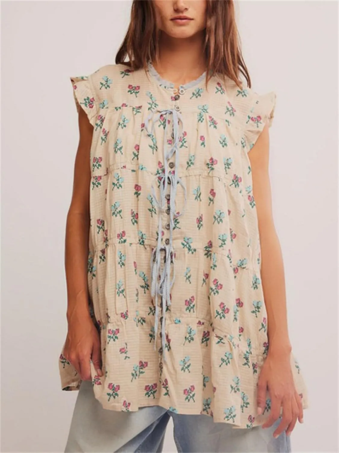 Women Cute Floral Babydoll Mini Dress Y2k Button Up Tie Front Ruffle Trim Flowy Tunic Short Dress Summer Beach Sundress