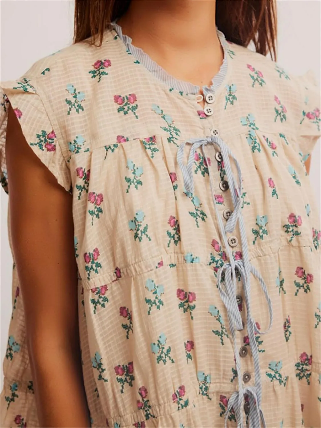 Women Cute Floral Babydoll Mini Dress Y2k Button Up Tie Front Ruffle Trim Flowy Tunic Short Dress Summer Beach Sundress