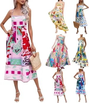 Women Dresses 2025 Cute Print Maxi Cami Dresses Sleeveless Casual Spaghetti Strap Graffiti Dress Vacation Dresses