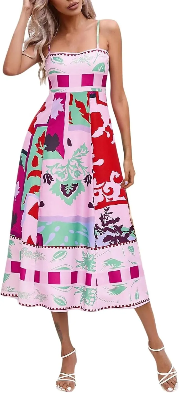 Women Dresses 2025 Cute Print Maxi Cami Dresses Sleeveless Casual Spaghetti Strap Graffiti Dress Vacation Dresses