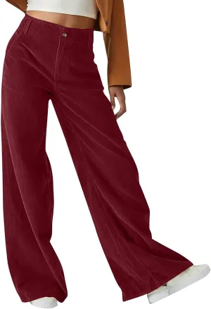 Women Fashion Button Elastic High Waist Trousers Solid Loose Wide Leg Pants Casual Straight Leg Pants with Pocket